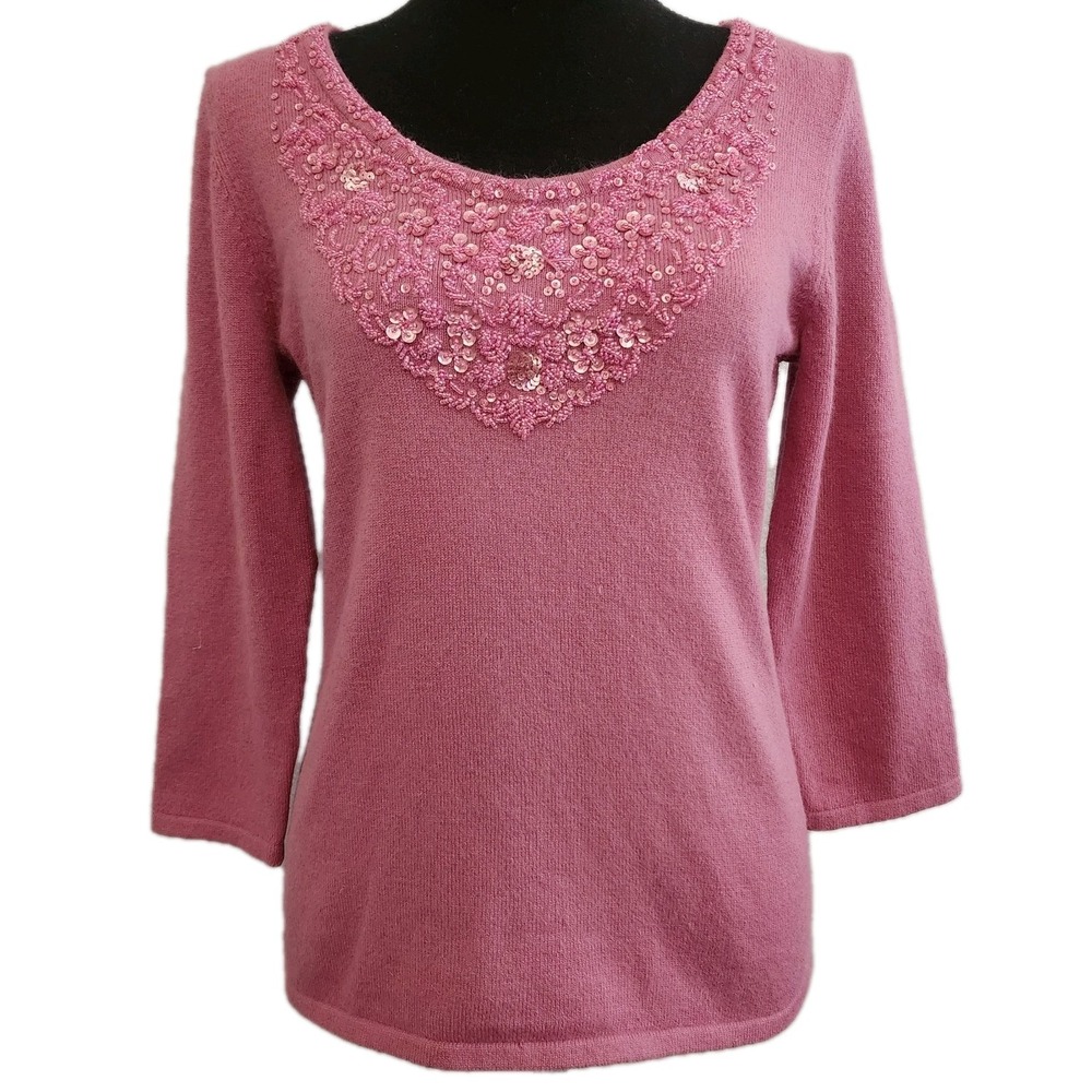 Silk Angora Rabbit Hair Sweater Womens‎ M Pink Sequins Sparkly Beaded Luxury INC